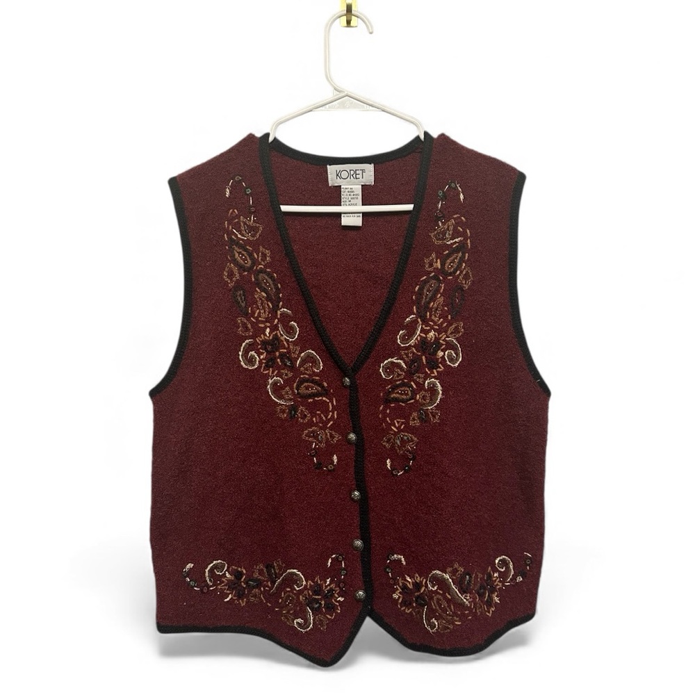 Vintage 90’s Koret Maroon Wool Blend Vest W/ Embroidery Details Size Medium